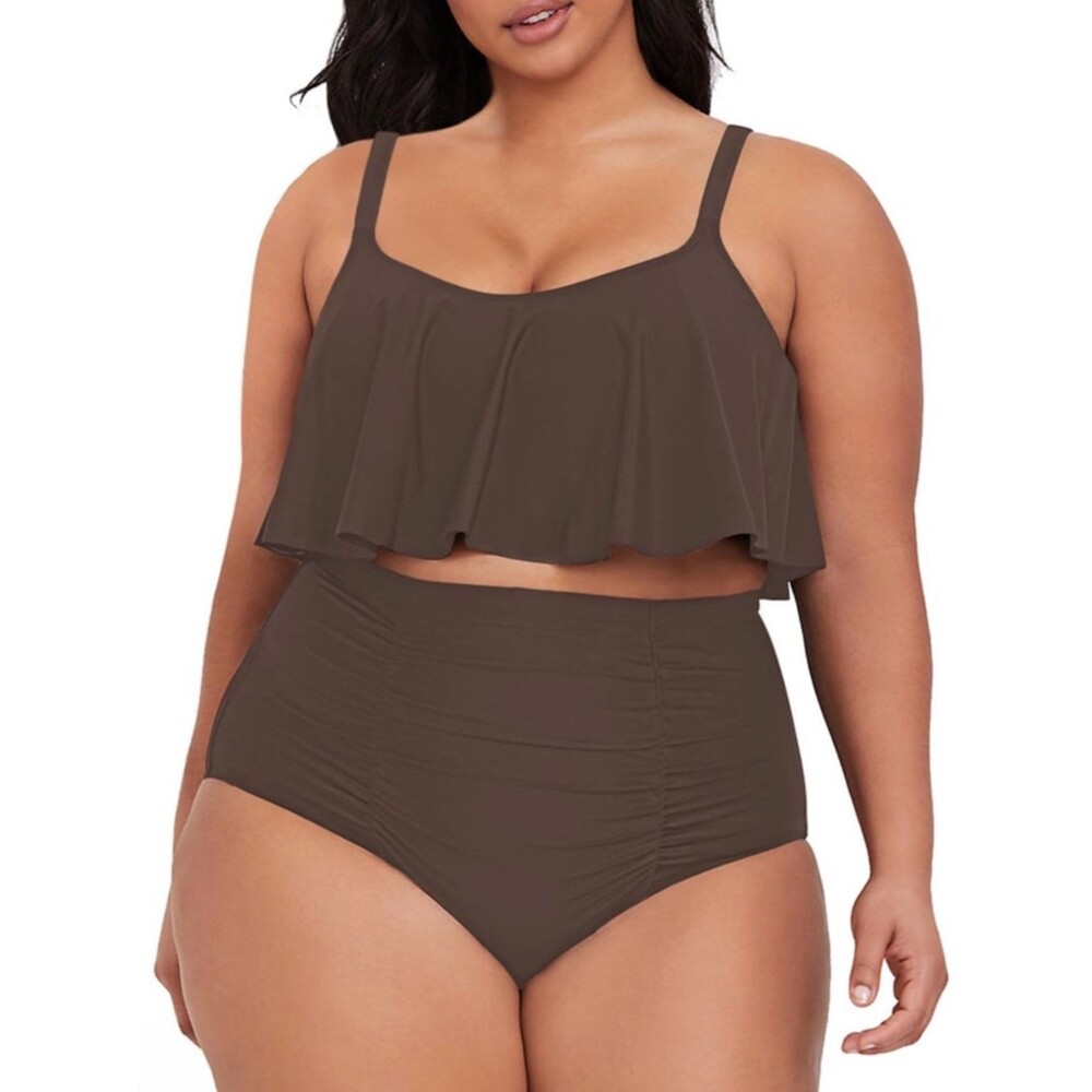 Sovoyontee Swimsuit Two Piece High Waisted Tummy Control Ruffle Dark Brown XL